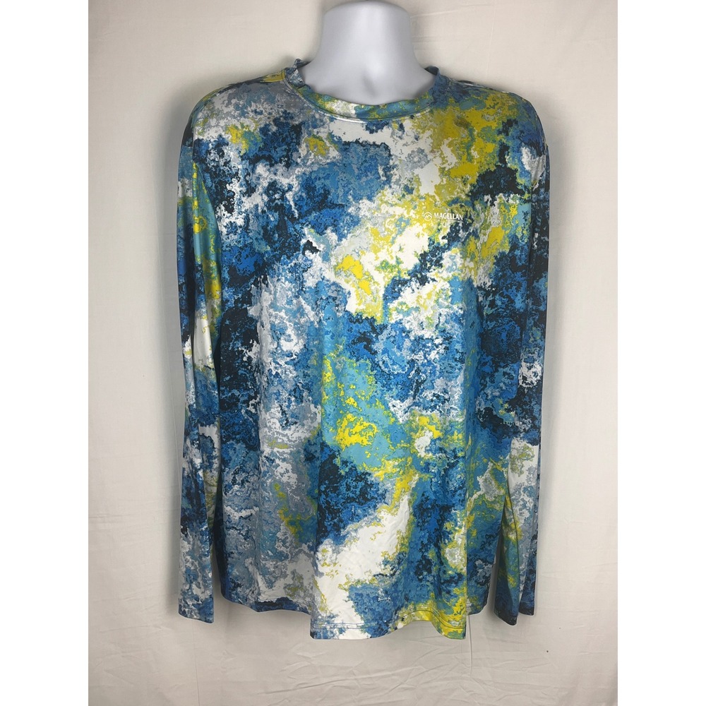 Magellan Fishing Shirt Mens Large Blue Yellow Veil Camo Long Sleeve Fish Gear
